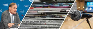 Bild zum Thema Pressearbeit mit Städtetagspräsident Burkhard Jung, gestapelten Zeitungen und einem Mikrofon vor unscharfen Hintergrund