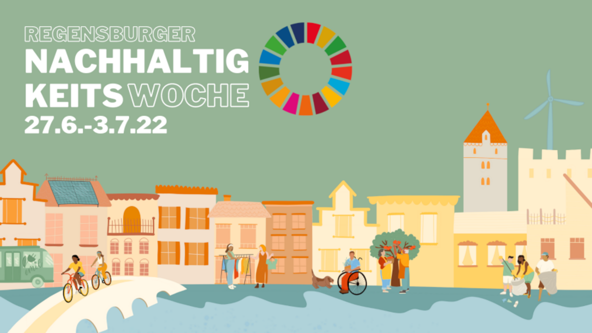 Grafik mit Stadtlandschaft und Logo Regensburger Nachhaltigkeitswoche