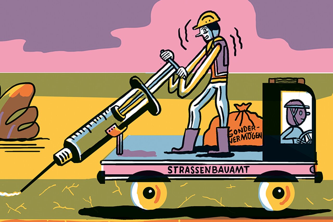 Illustration eines Bauwagens, auf dem ein Mitarbeiter des Straßenbauamtes, Fahrbahnschäden mit einer Investitionsspritze kittet