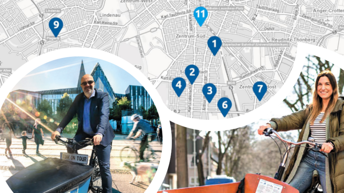 Karte der Stadt Leipzig, davor ein Mann und eine Frau, jeweils mit einem Lastenrad unterwegs