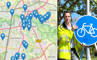  Oberbürgermeister Dr. Jörg Nigge entfernt ein überzähliges Schild, das den Sonderweg für Radler kennzeichnet.