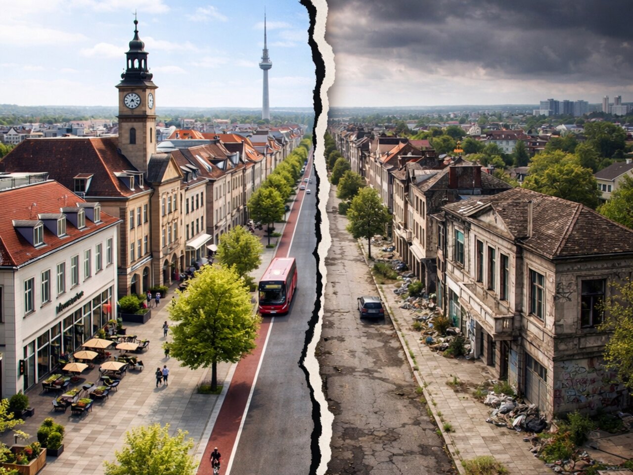 Bild einer Stadt, die in einen auskömmlich finanzierten Teil und in einen nicht auskömmlich finanzierten Teil getrennt ist (KI-generiert)
