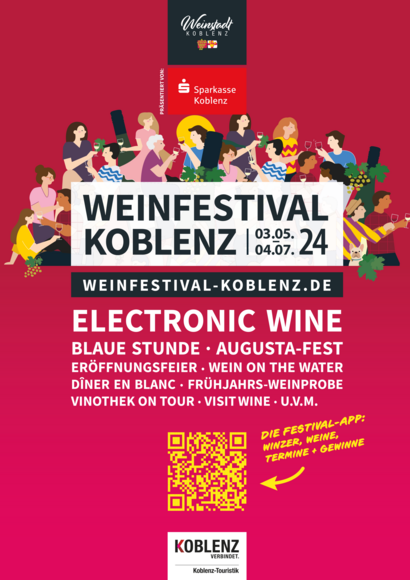 Das Bild zeigt das Werbeplakat des Weinfestivals Koblenz. Unter anderem besteht es aus einem roten Hintergrund, gezeichneten Menschen und einer Auflistung des Programms.