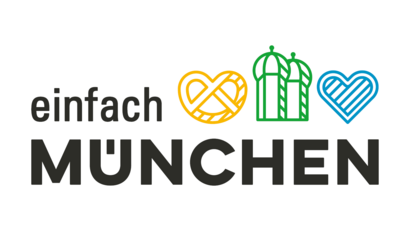 Es handelt sich bei dem Bild um das Logo der Stadt München. Dieses besteht aus einem weißen Hintergrund, dem kleingeschriebenen Wort "einfach" und dem darunter stehenden sowie groß geschriebenen Wort "MÜNCHEN". Neben dem einfach sind eine Brezel, zwei Türme und ein Herz abgebildet.