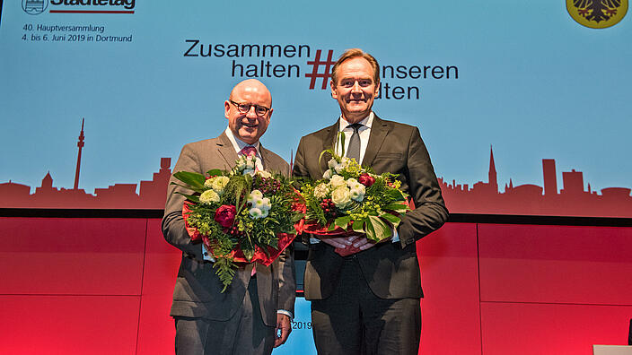 Burkhard Jung, neuer Präsident des Deutschen Städtetages von 2019 bis 2021, seitdem Vizepräsident und Markus Lewe, neuer Vizepräsident des Deutschen Städtetags von 2019 bis 2021, seitdem Präsident
