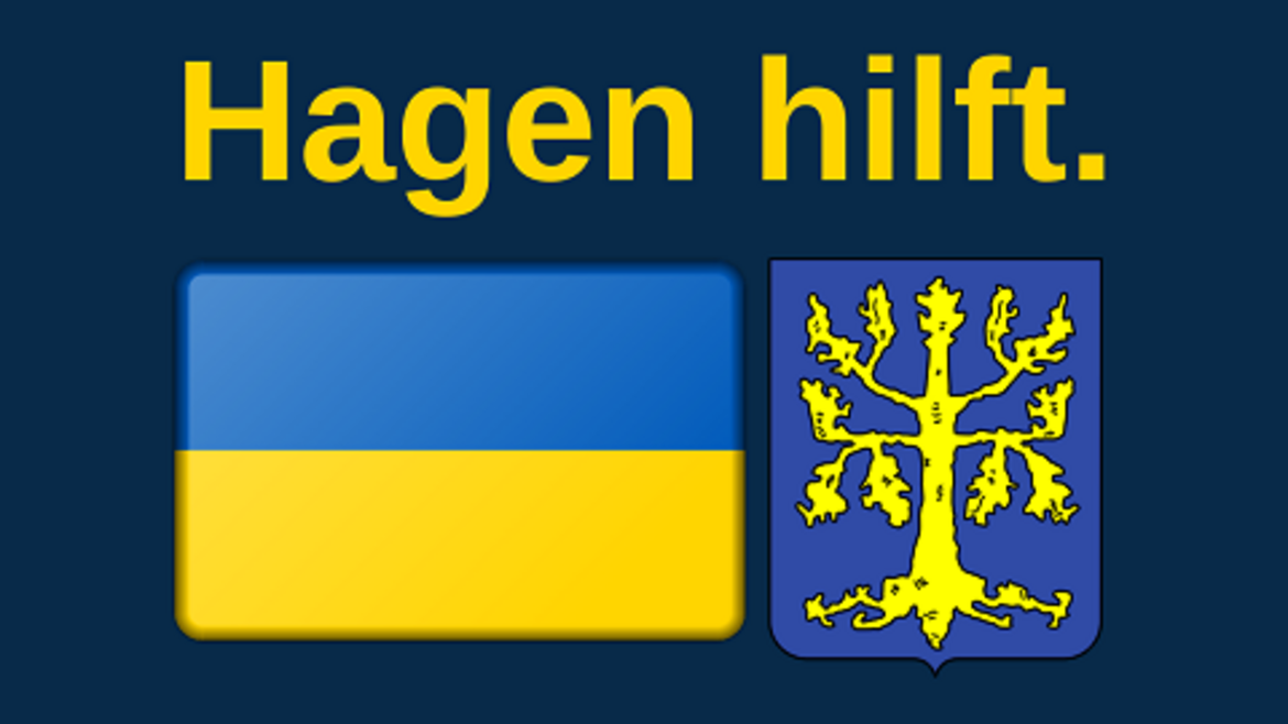 Flagge der Ukraine und Wappen der Stadt Hagen mit dem Slogan "Hagen hilft."