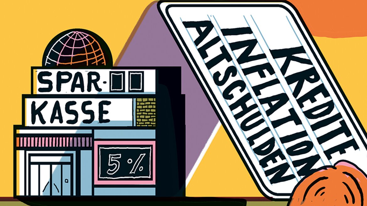 Illustration einer Sparkasse dahinter Spielkarten mit den Begriffenen Kredite, Inflation, Altschulden