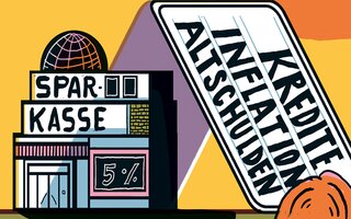 Illustration einer Sparkasse dahinter Spielkarten mit den Begriffenen Kredite, Inflation, Altschulden