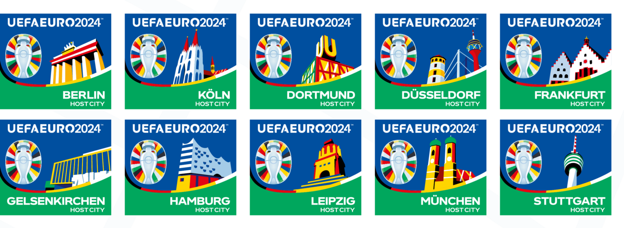 Übersicht mit den Logos der zehn Gastgeber-Städte bei der Fußball-EM UEFA EURO 2024