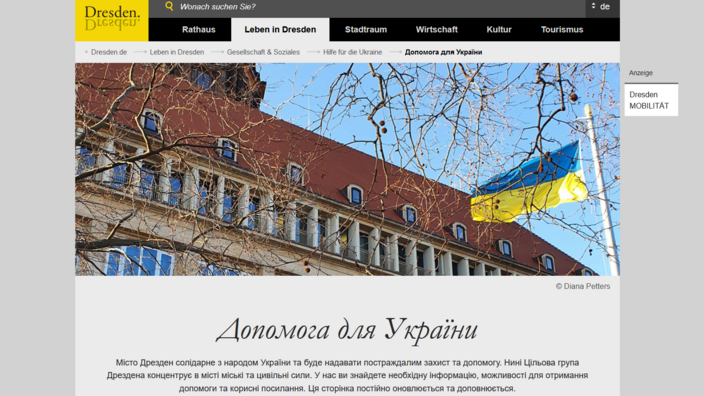 Screenshot der Dresdner Infoseite "Hilfe für die Ukraine" 