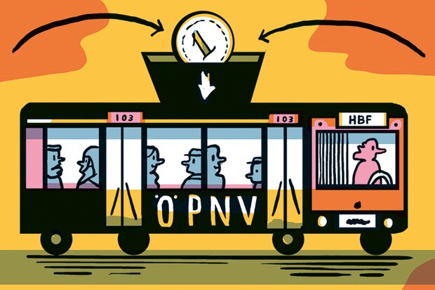 Illustration eines Busses, in den wie in eine Spardose eine Geldmünze fällt