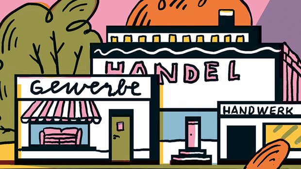 Illustration von Ladengeschäften mit den Begriffen Gewerbe, Handel, Handwerk