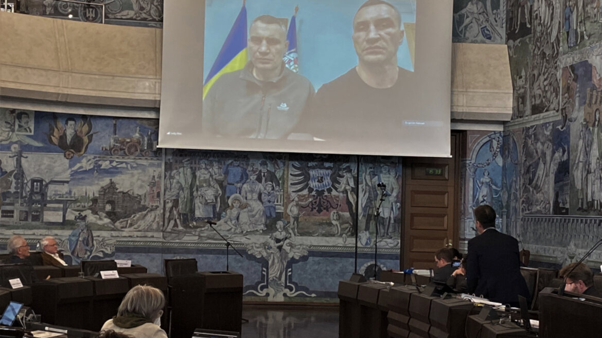 Die Brüder Vitali und Vladimir Klitschko per Live-Schalte auf einer Leinwand bei der Sitzung des Würzburger Stadtrates