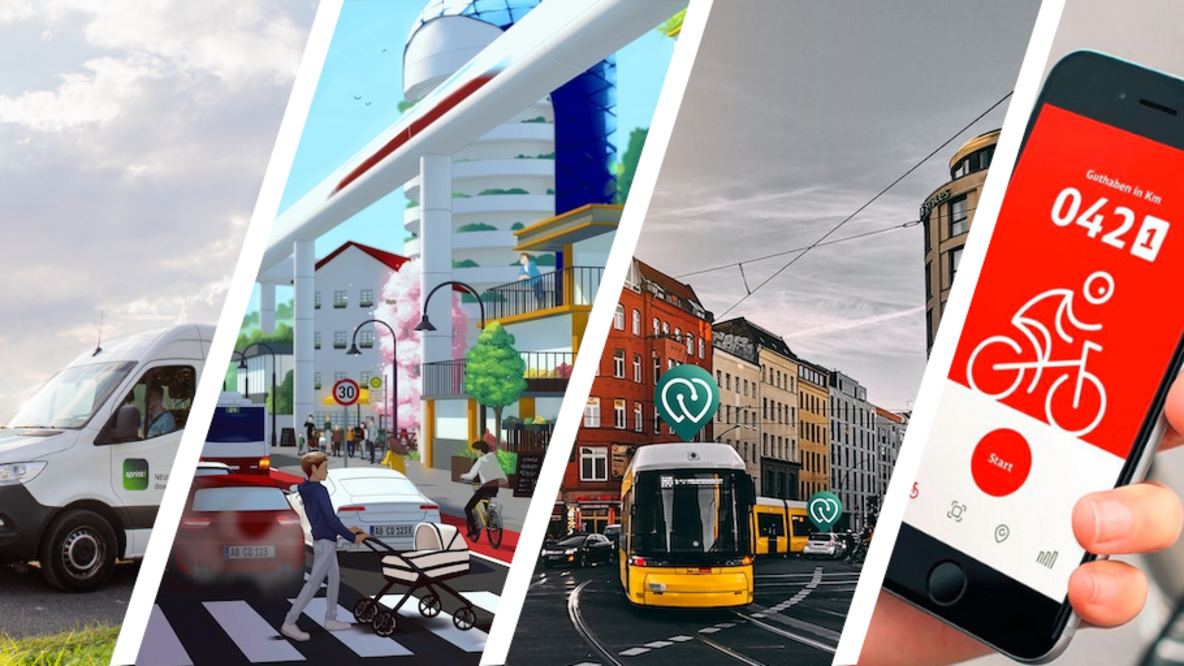 Bildkombination: Minibus des "sprinti"-Angebots in der Region Hannover, Screenshot der App MobileCityGame, Straßenverkehrszene mit Straßenbahn, Handy mit App DB Rad+