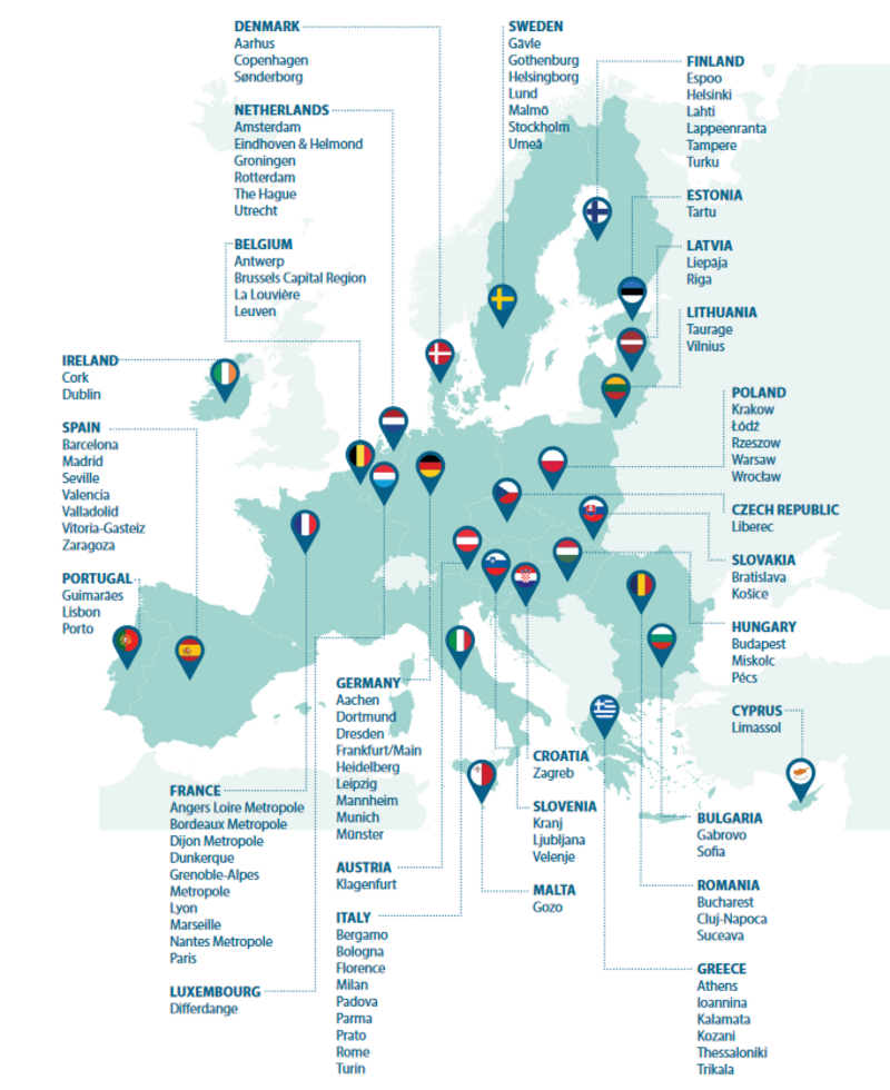 Grafische Karte der EU mit Darstellung der Lage von 100 ausgewählten Städten