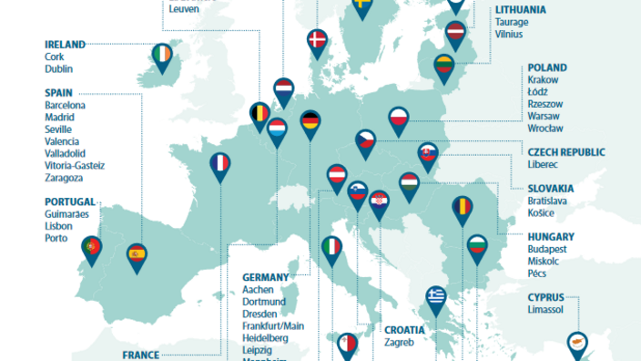 Grafische Karte der EU mit Darstellung der Lage von 100 ausgewählten Städten