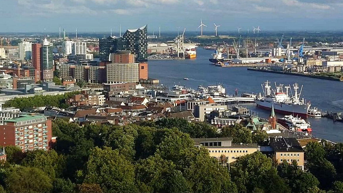 Blick auf die Hamburger Hafenanlagen im Vordergrund Park mit Bäumen
