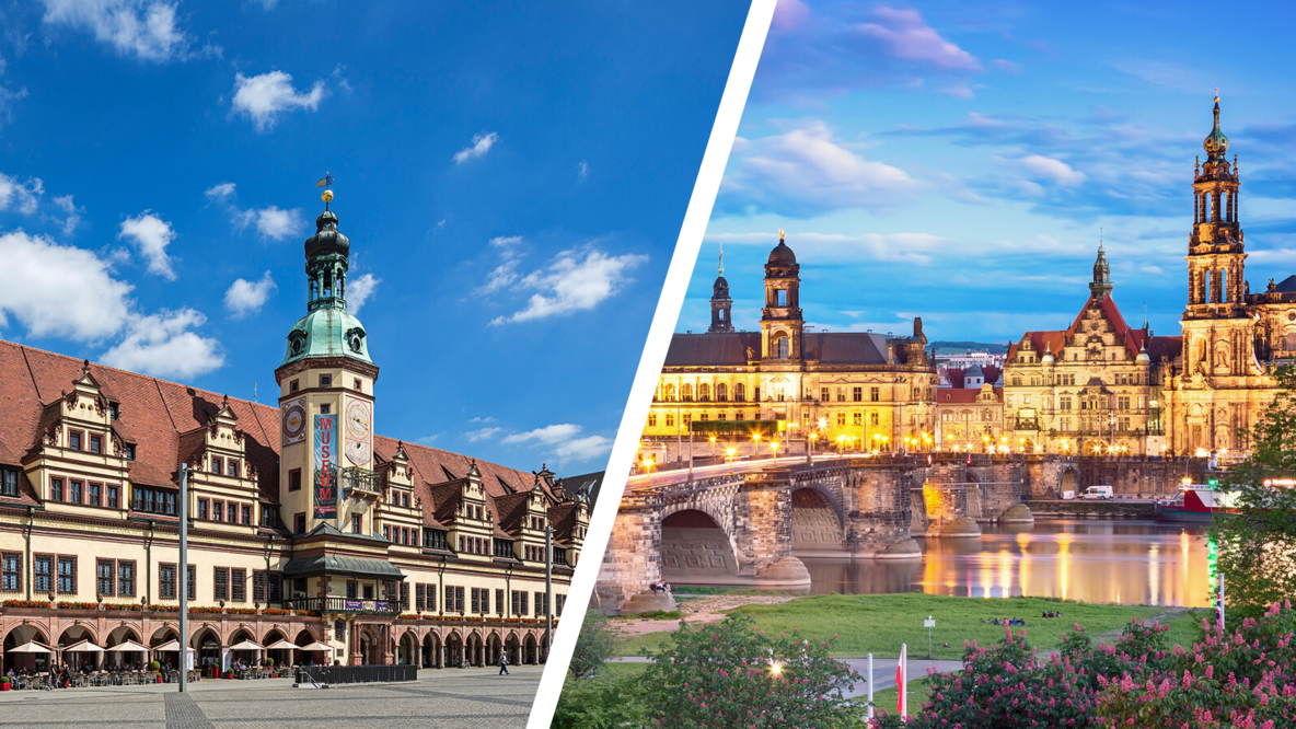 Das Alte Rathaus in Leipzig und die Silhouette des Stadtschlosses in Dresden