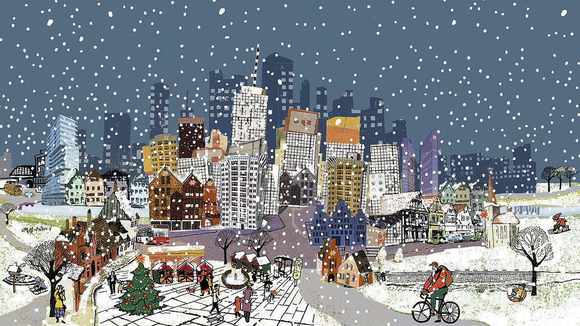 Wimmelbild einer Stadt in der Weihnachtszeit