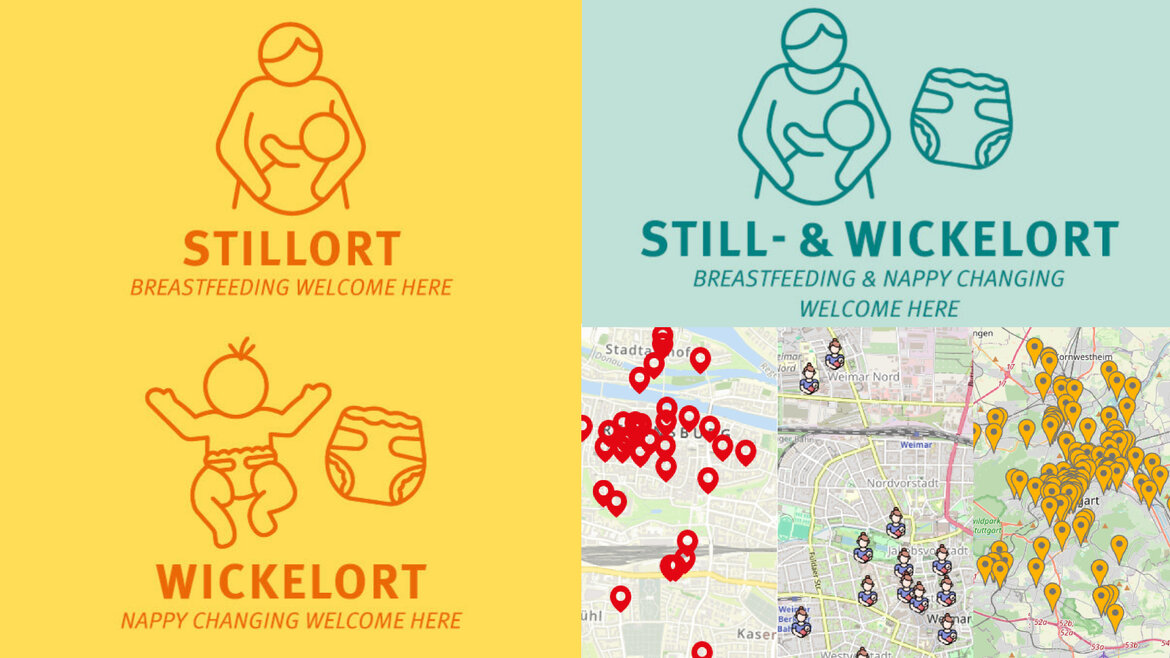 Die gelben und türkisfarbenen Icons markieren in Mainz Still- und Wickelorte. Viele Städte bieten interaktive Karten als Übersicht.