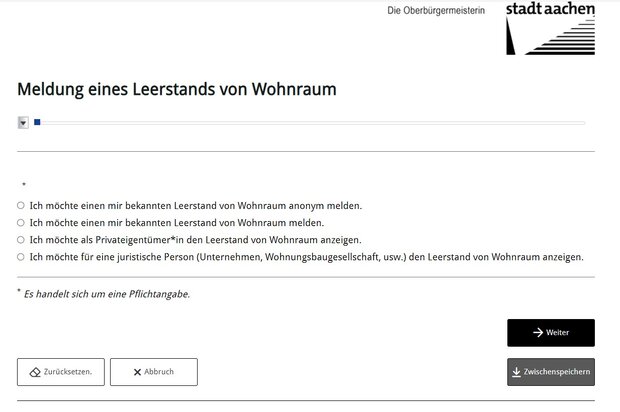 Screenshot des Online-Leerstandsmelders der Stadt Aachen