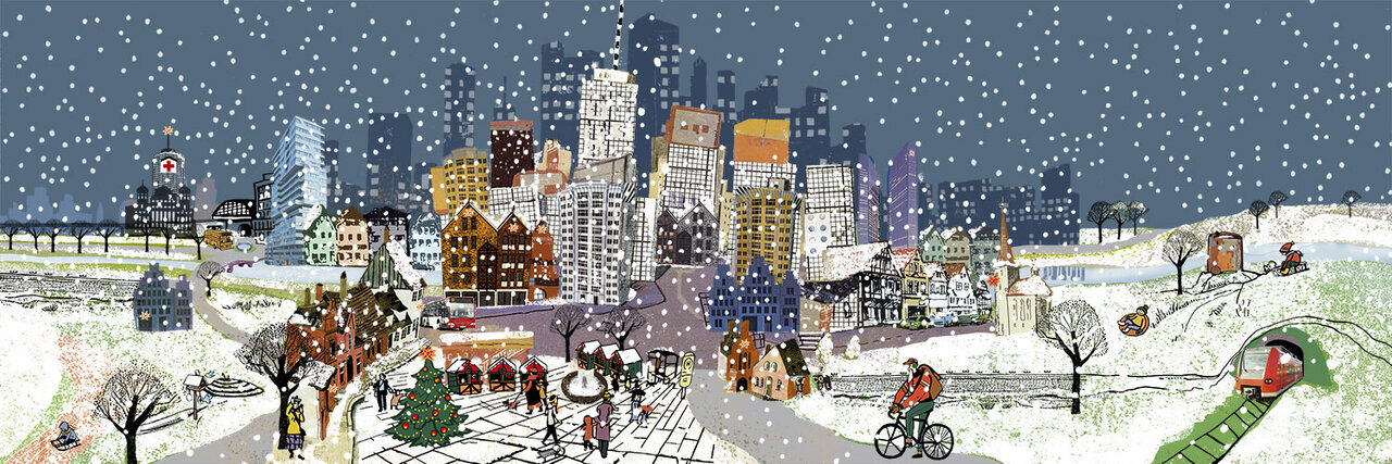 Wimmelbild einer Großstadt bei Schneetreiben zur Weihnachtszeit