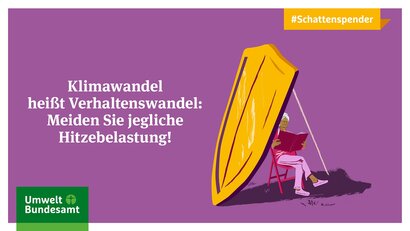 Motiv der Kampagne #Schattenspender im Comicstil zeigt eine ältere Dame, die von einem Schutzschild vor der Sonneneinstrahlung geschützt wird