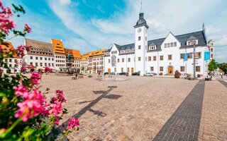 Aufnahme des Rathauses am Obermarkt der Stadt Freiberg.