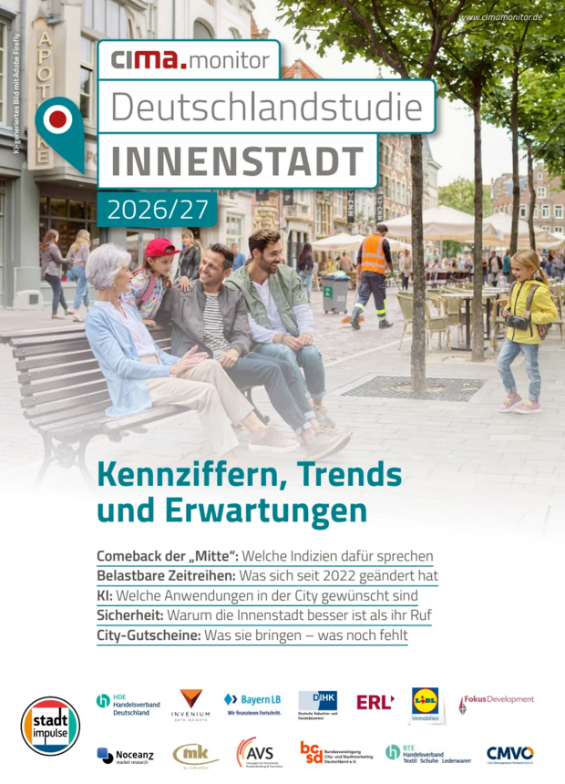 Cover der Publikation Deutschlandstudie Innenstadt 2026/27 zeigt Innenstadt-Szene mit Personen unterschiedlichen Alters rund um eine Sitzbank in einer Fußgängerzone