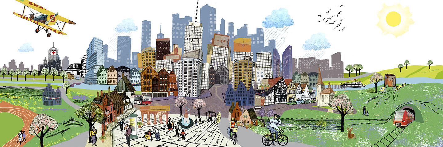 Collage einer Stadtlandschaft im Frühling