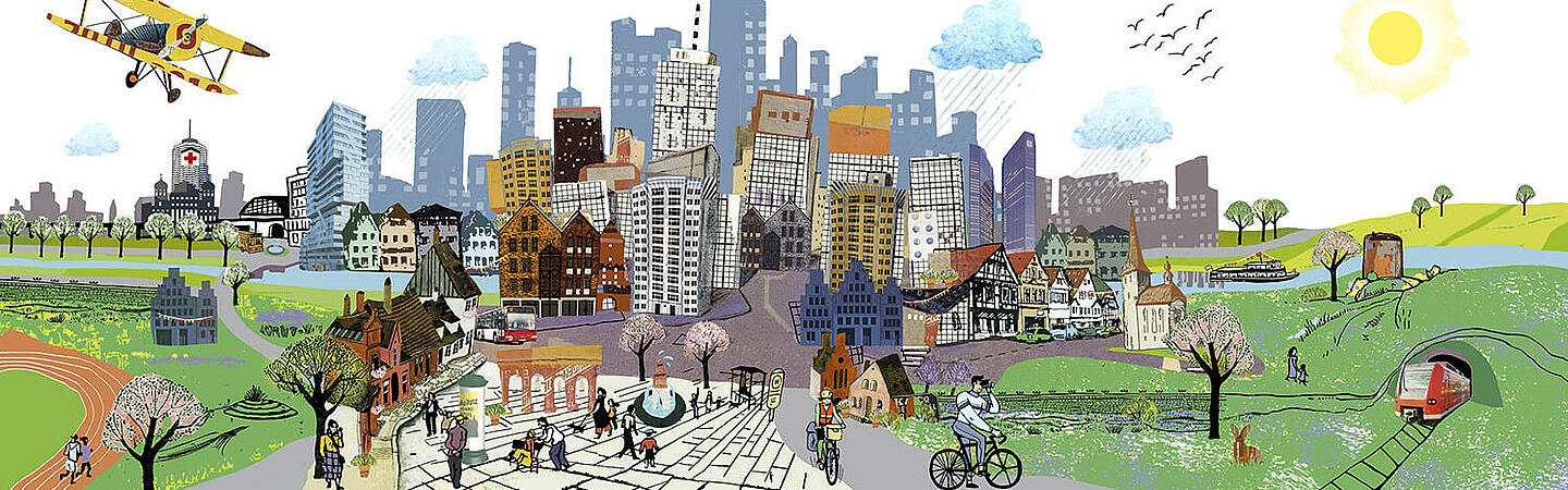 Collage einer Stadtlandschaft im Frühling