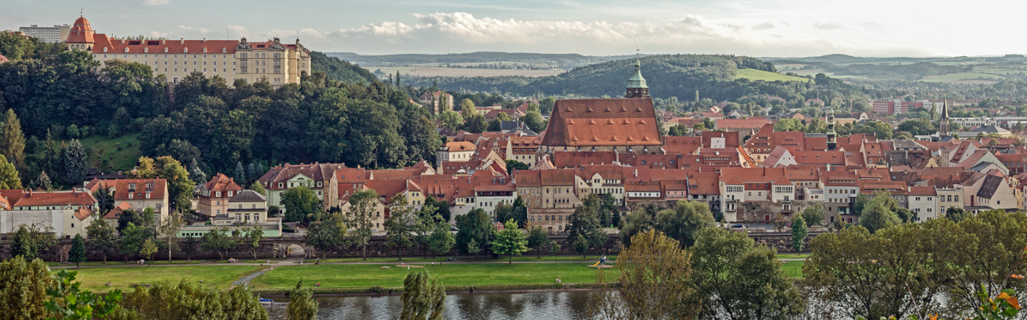 Panorama der Pirnaer Altstadt an der Elbe mit Schloss Sonnenstein